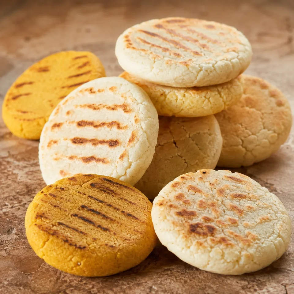 Arepas blancas y amarillas apiladas con marcas de plancha.